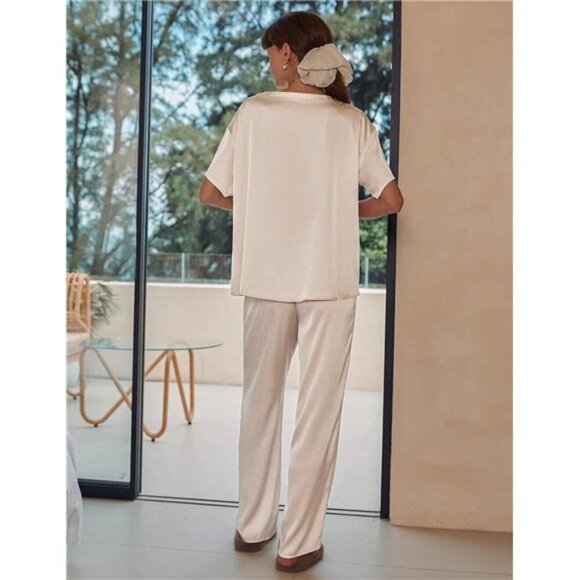 Women's Satin Silky Pajama Set - Short Sleeve Shirt & Long Pants, Soft Summer - Picture 5 of 7